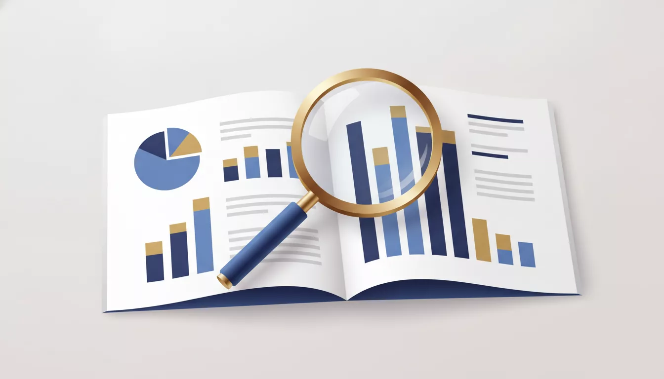 Illustration d'un rapport annuel ouvert et d'une loupe